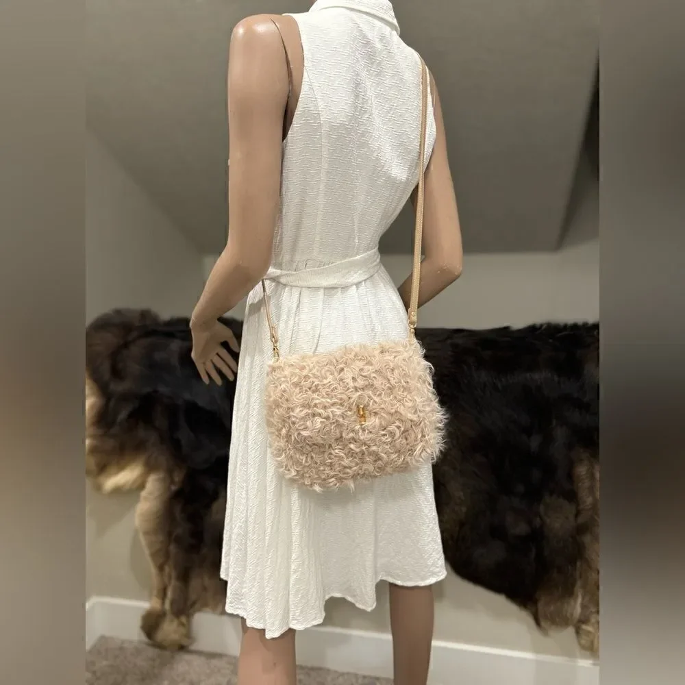 Beige Genuine Curly Shearling Top Handle & Fold Over Flap Purse, Crossbody